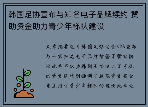 韩国足协宣布与知名电子品牌续约 赞助资金助力青少年梯队建设